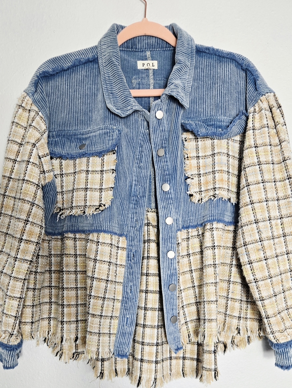 POL Corduroy Plaid Tweed Button Down Shirt Jacket Blue Medium - Picture 1 of 12